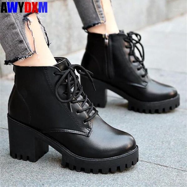 

women boots 2020 autumn winter pu leather square heel casual shoes woman motorcycle boots lace up short ankle high heels1, Black