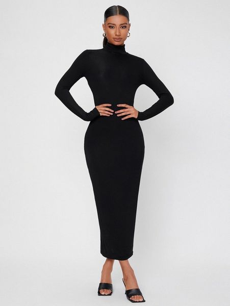 

tall solid high neck bodycon dress s70u#, Black;gray