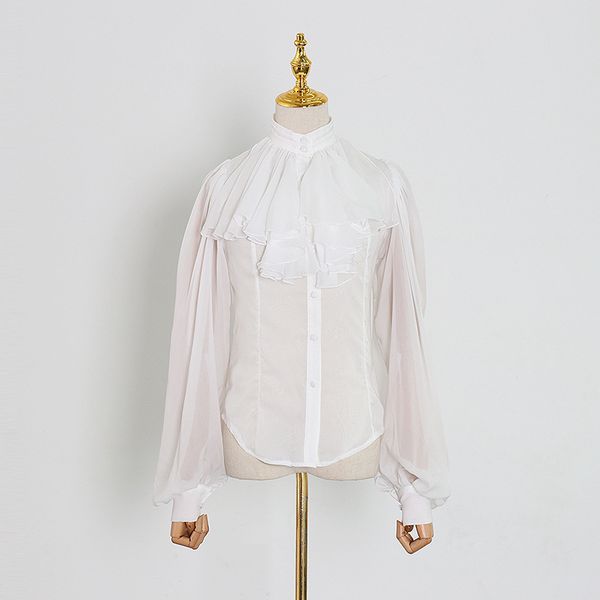 

2020 court retro style chiffon shirt for women fashionable and craftily-designed slim fit lace buckle pleated ins fashion, White