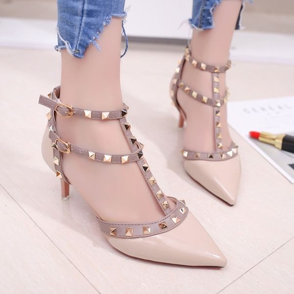

women's shoes summer sandals pointed high-heeled stiletto patent leather rivet single shoes was thin buckle women's shoes c1011, Black;white