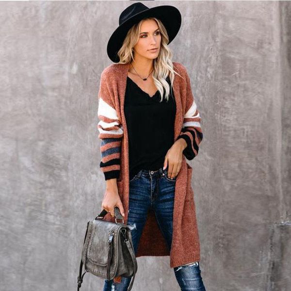 

women's knits & tees 2021 striped cardigan coat womens pockets sweater long women warm sweaters thick knitted female autumn winter, White