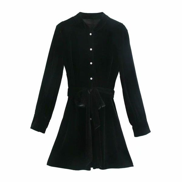 

2021 new women dress solid sashes button long sleeves o-neck above knee shirt style dress female fashion casual women clothes, Black;gray