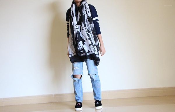 

women's long scarf fashion black white color matching thin section clothing accessories cotton big shawl letter pattern1, Blue;gray