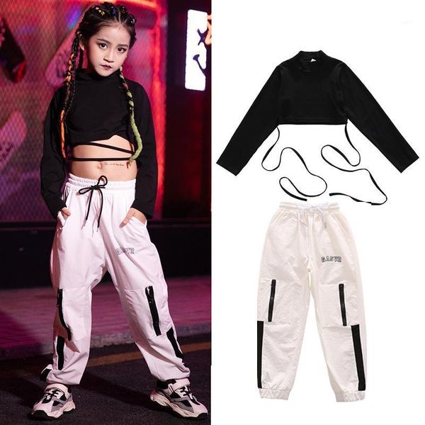

girl hip-hop clothing kids jazz cheerleading dancing clothes black slim team show performance costume white hip hop pant1, Black;red