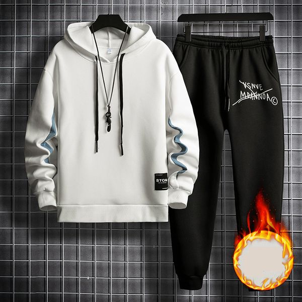 

2021 new men fleece set fashion warm tracksuit linner thick sweatshirt + pants sportswear mens streetwear hooded outerwear suit wrr4, Black