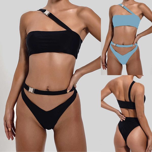 

2020 girl beach bathing suit biquinis women's solid swimwear hollow two-piece swimsuit bikini swimming beachwear, White;black