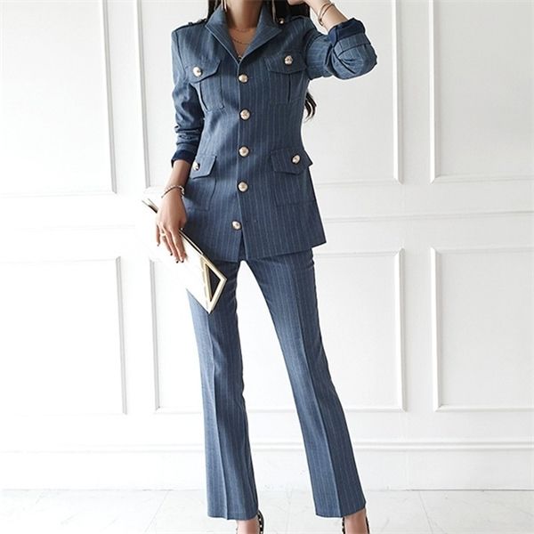 

2020 stripe notch collar single breasted women slim ol blazer high waist pockets straight pants two pieces business suit c1015, Black;white