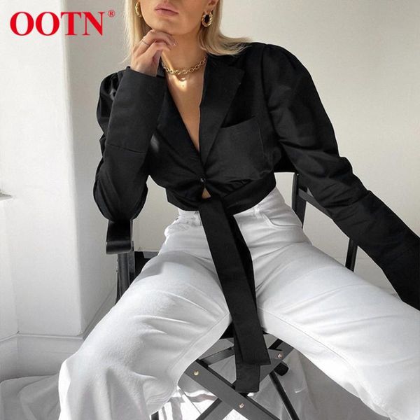 

ootn womens blouse fashion 2020 chic crop lace up single button short shirts female black long sleeve lapel blouses, White