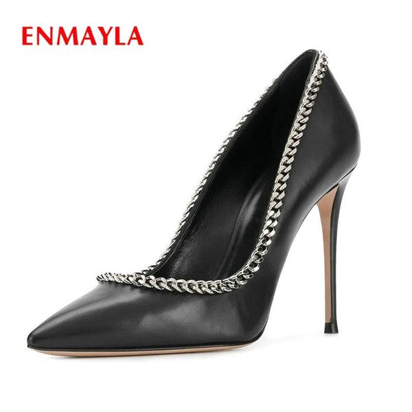 

dress shoes enmayla 2021 elegant pumps women basic pointed toe slip-on thin heels pu fashion chain ladies 34-43, Black