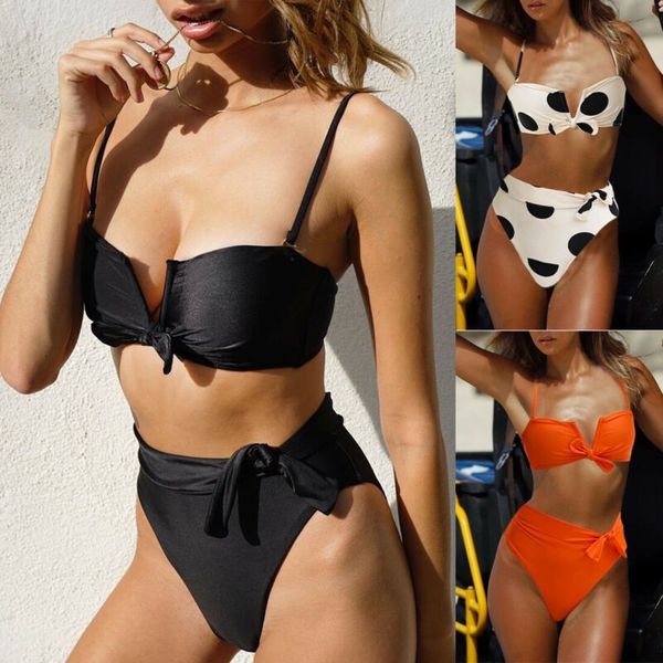 

women's bikinis set bandage push up padded bra summer adjust ladies beach swimsuit swimwear bow knot print dot high waist 2019, White;black