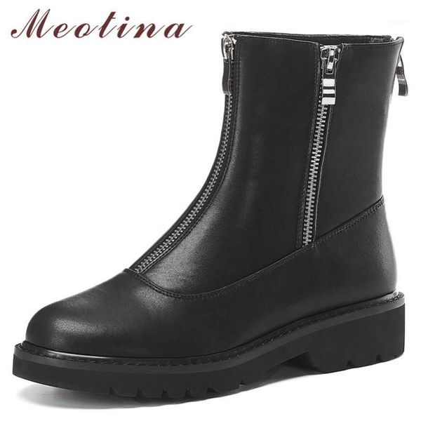 

boots meotina autumn ankle women natural genuine leather flat short zipper round toe shoes ladies winter black size 33-411