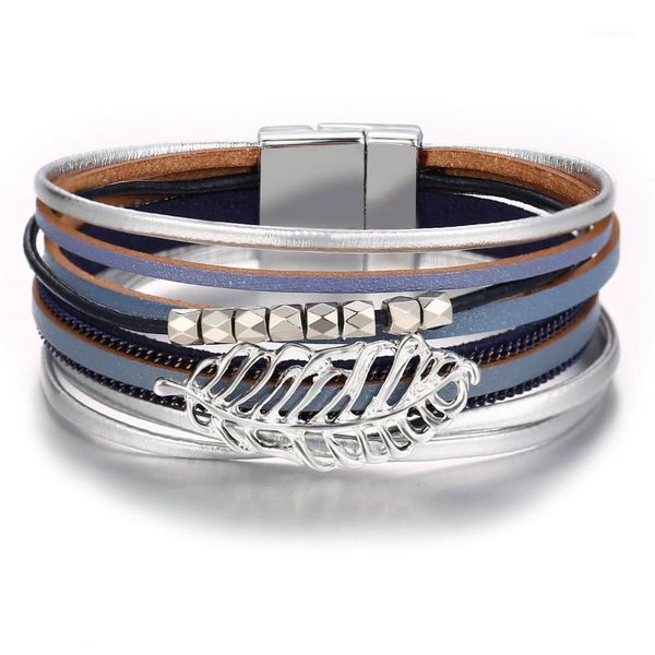 

fashion feather beads leather bracelets for women bohemia multi-layers leaf bracelet bangles trendy jewelry1, Golden;silver