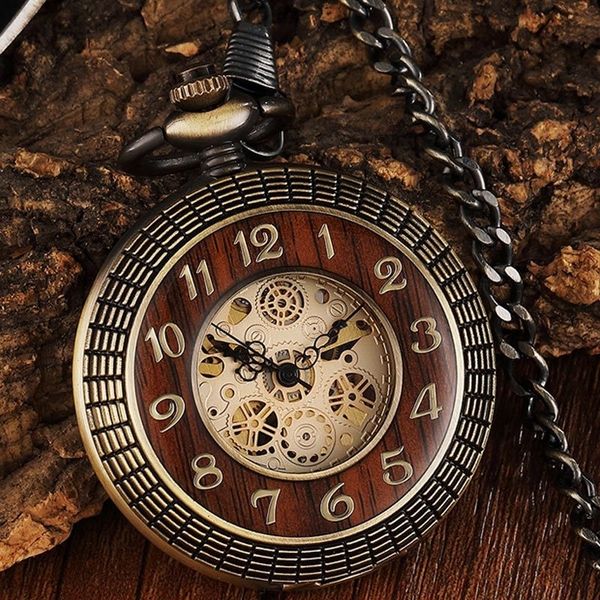 

unique wood circel gear dial bronze antique mechanical pocket watch men vintage engraved fob hand wind steampunk watch women t200502, Slivery;golden
