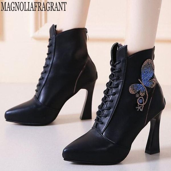 

boots zapatos mujer ankle women pointed toe thin high heels woman rhinestone bow side zipper short female booties y3471, Black