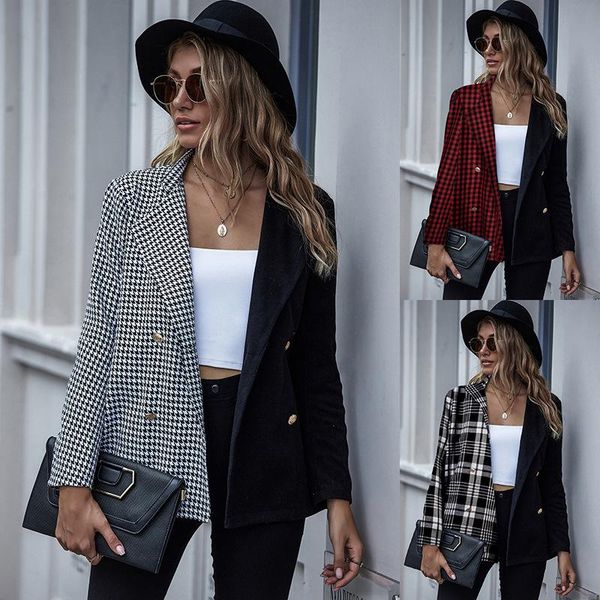 

women plaid blazers work office lady suit two-color stitching houndstooth casual lapel slim double breasted business female coat, White;black
