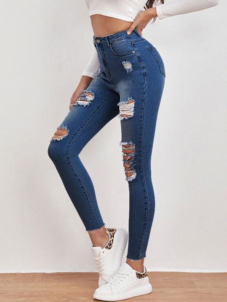 

high waisted ripped raw hem skinny jeans 40sn#, Blue