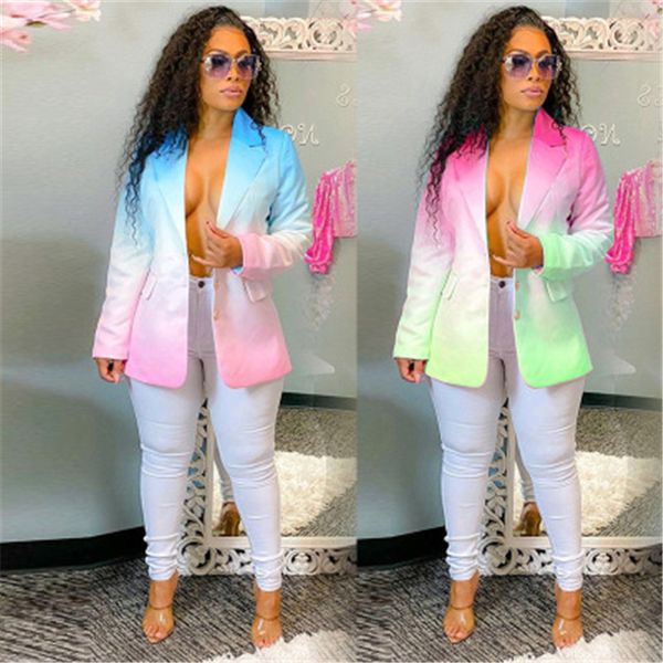 

women gradient suits fashion trend long sleeve cardigan lapel button blazers spring female occident new v-neck casual pockets suits coats, White;black