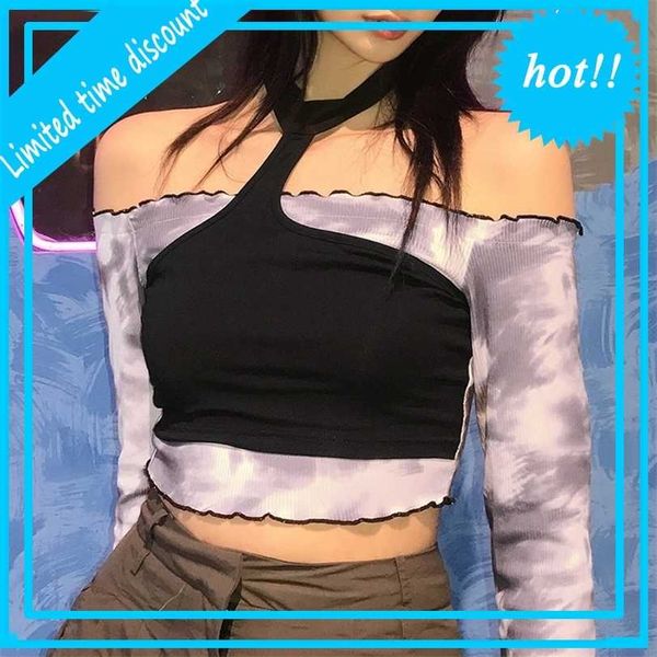 

2021 wind autumn winter new fashion printing hanging neck exposed navel one word shoulder fake two women's top, White