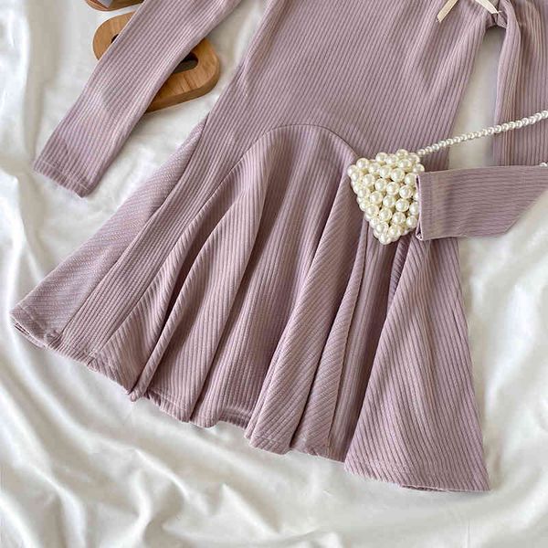 

chic bow knit dress women early autumn korea clothing female long sleeve o-neck sweet mini vestido elegant, Black;gray