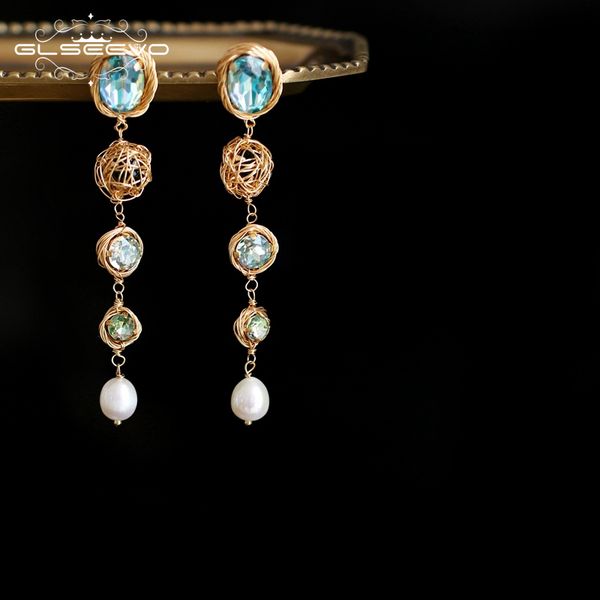 

glseevo natural fresh water pearl colorful stone korean drop earrings for women wedding party handmade luxury jewellery ge0723 200923, Silver