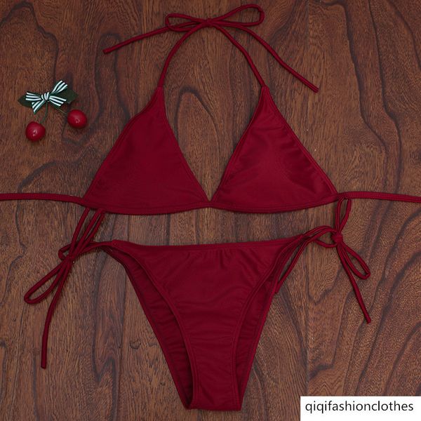 

solid lace up triangle bikini swimsuit for women, White;black