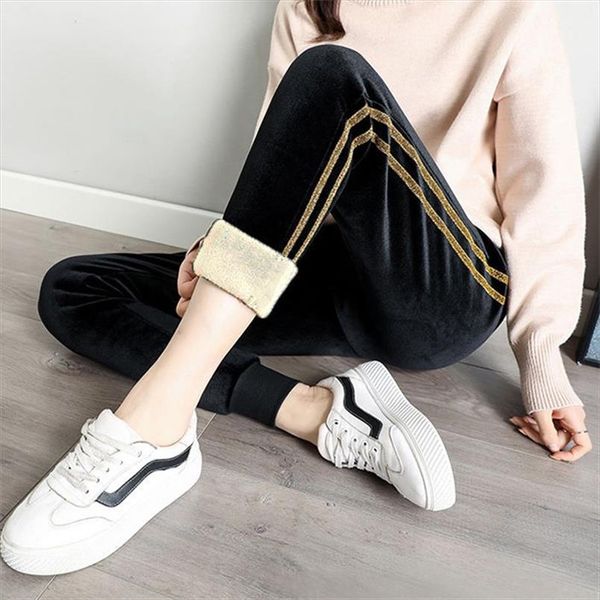 

осень зимние брюки бегуны спортивные штаны женщины повседневная утолщенная ягненка шерсть теплые брюки с высокой талией стороны полосы женщи, Black;white