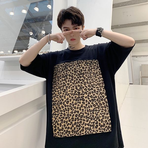 

New Personality Dark Leopard Pattern Velcro Patch-men Short-sleeve Long-sleeve Occasional Hair Stylist T-shirt at Night NDHJ, Black