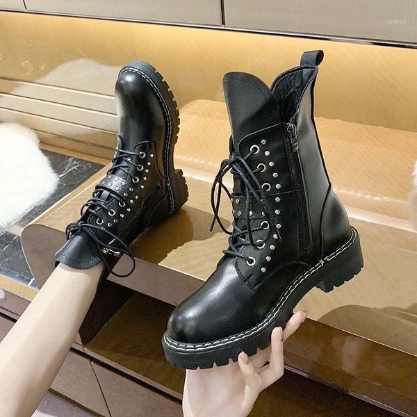 

boots women new 2021 female shoes lace up round toe winter footwear luxury designer lolita ladies rock autumn rubber fashion1, Black