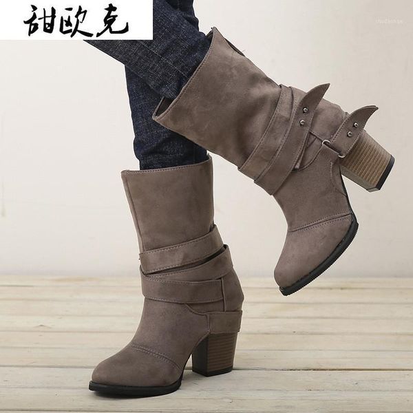 

boots 2021 women's fashion square belt buckle round head car stitching mid-heel zapatos de mujer1, Black