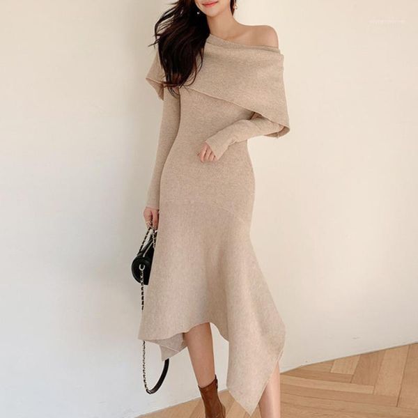 

pure color designer simple sweater dress falbala mid-calf cold shoulder asymmetric slim dress girl korean style chic robe1, Black;gray