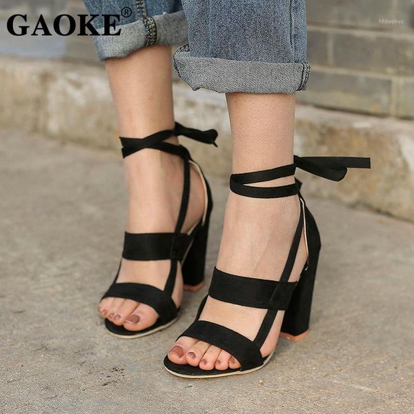 

plus size female ankle strap high heels flock gladiator shoes lace up thick heel fashion hollow women summer shoes sandals1, Black