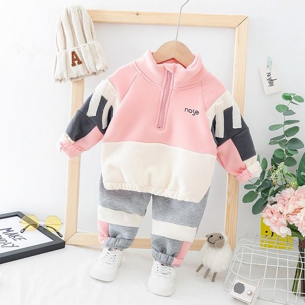 

winter baby boys clothing sets plus velvet toddler boys girls warm hooded coats pants suit kids thick tracksuit clothes set lj201223, White