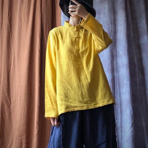

johnature cotton solid color loose shirts 2021 autumn vintage full sleeve new women retro stand collar all-match, White