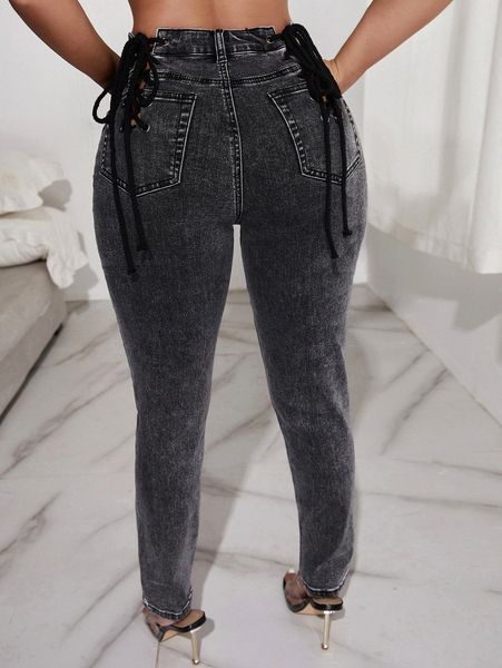 

sxy high waisted lace up curved jeans j6pq#, Blue