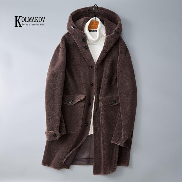 

kolmakov 2020 new shorn sheepskin fur hooded men long coat korean two-sided wool brown overcoat male size m-3xl, Black