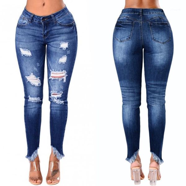 

women jeans new casual jeans fashion women ripped with irregular tassel blue1, Blue