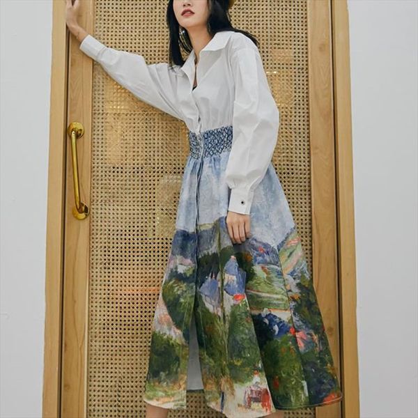 

2020 новые женские летние моды одежды тонкий поворот вниз воротник пышными рукавами высокой талии печатных рубашки платья wg17306l, Black;gray