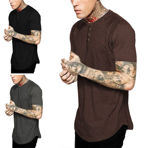 

men's short solid tshirt fashion raglan sleeve henley button collar streetwear tee men swag hem hipster t shirt top, White;black