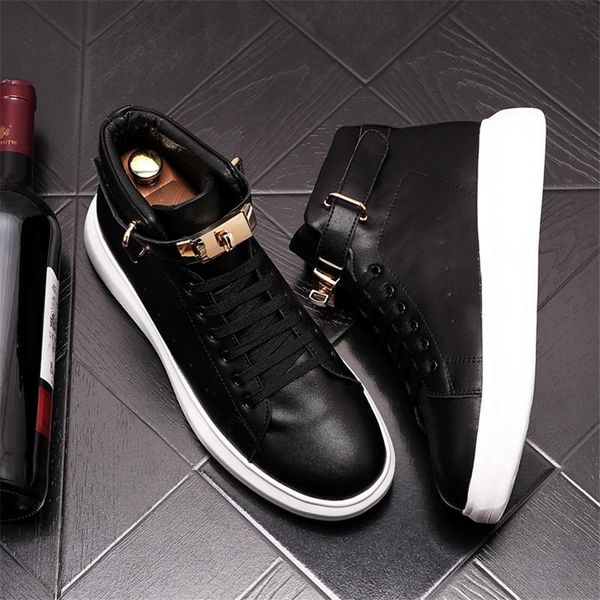 

autumn metal buckle men casual shoes punk sneakers hip hop high ankle boots male height increasing flats zapatillas hombre, Black
