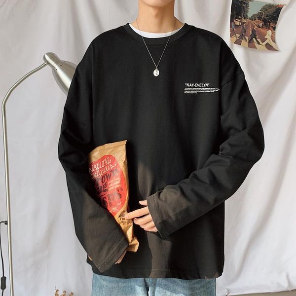 

men long sleeve t-shirts o-neck casual solid long oversize t shirts men spring autumn loose tee shirt men tee, Black