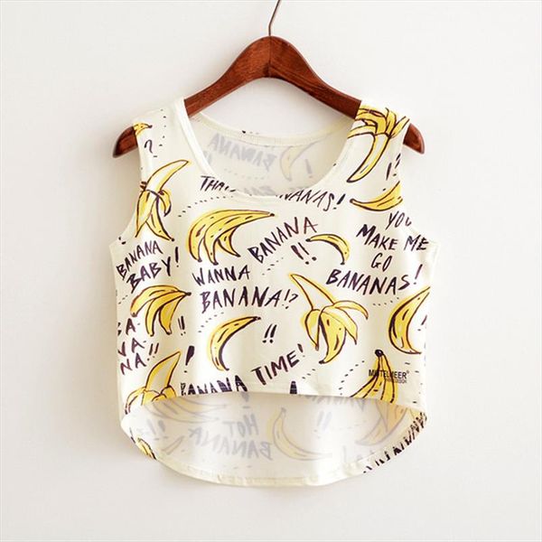 

new arrival summer for women 2020 women cropped tees banana print summer dress sleeveless crop t shirt, White