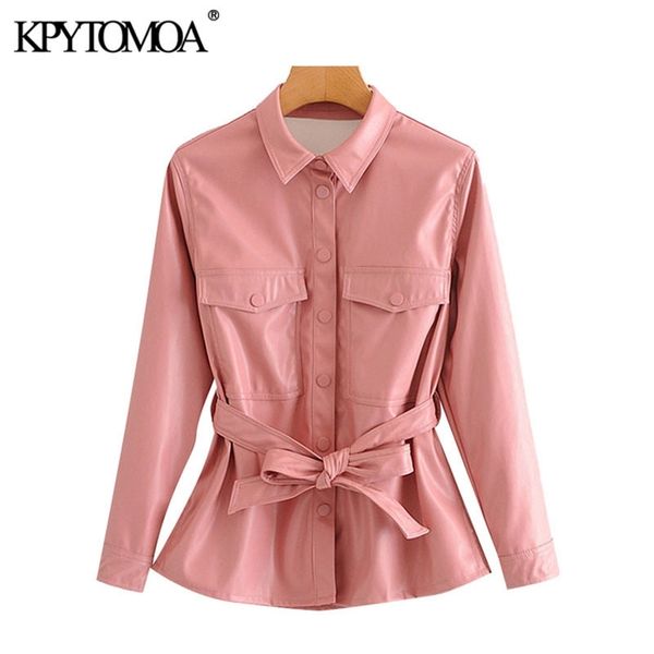 

kpytomoa women 2020 fashion with belt faux leather jacket coat vintage long sleeve pockets female outerwear chic lj201012, Black