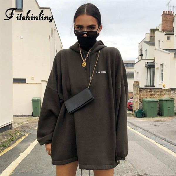 

fitshinling bf style oversize long hoodies women embroidery letter loose sweatshirt with a hood casual 2020 hoody poleron mujer1, Black