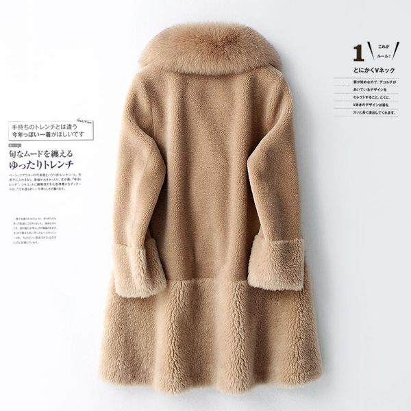 

women's fur & faux coat female vintage long real sheep shearing jacket women winter hooded clothes 2021 korean 100% wool hiver 9175, Black