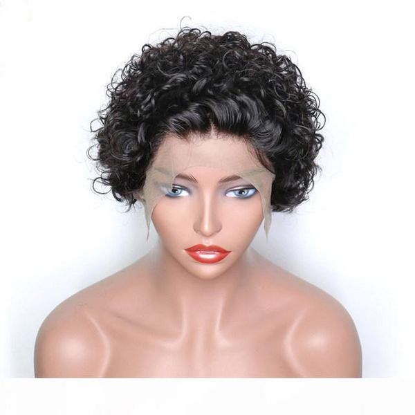 

short bob brazilian 13x6 lace front wig pixie cut bob remy bouncy curly lace wig pre plucked human hair wigs for women, Black;brown