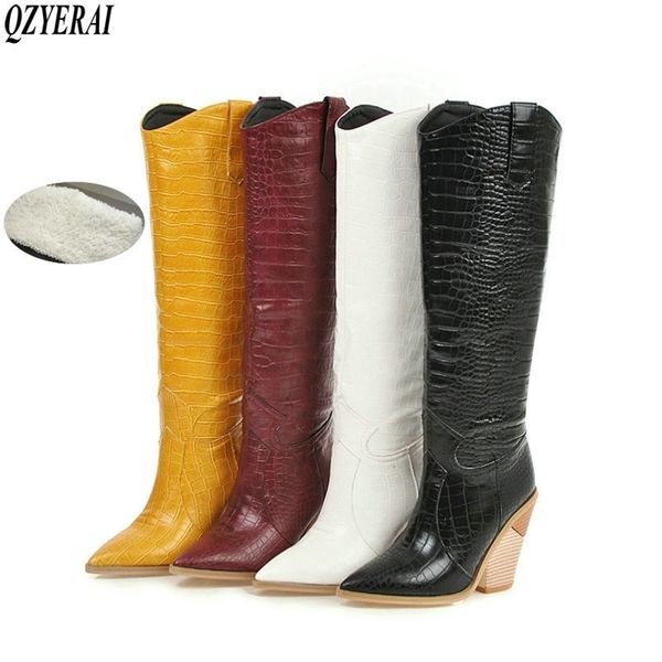 

black yellow white knee high western cowboy for women long winter pointed toe cowgirl wedges motorcycle boots 201128