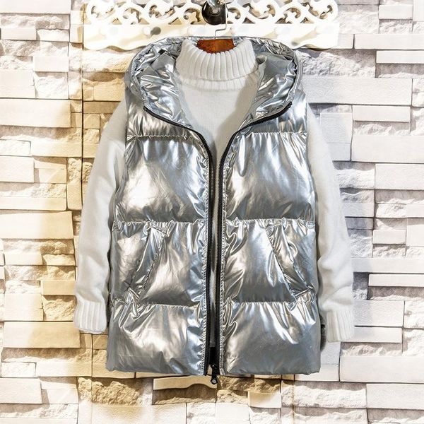 

men vests casual shiny thicken warm cotton-padded vest sleeveless hooded zipper polyester silk-like cotton1, Black;white