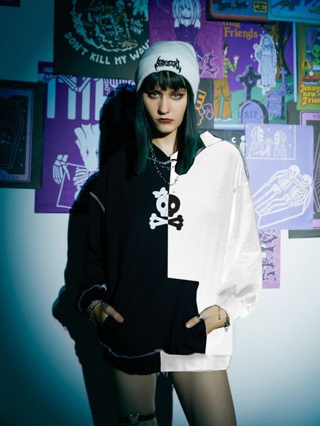 

romwe two tone skull print hoodie 38a3#, White;black