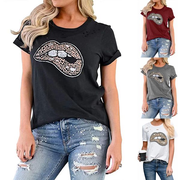 

2020 selling burnt ripped womens leopard print lip printings round neck short sleeve t-shirt, White