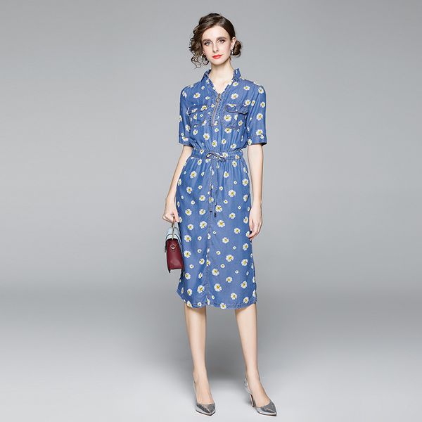 

l xl xxl new summer 2020 women jeans midi dress short sleeve blue cotton denim flower print straight v neck casual lady, Black;gray